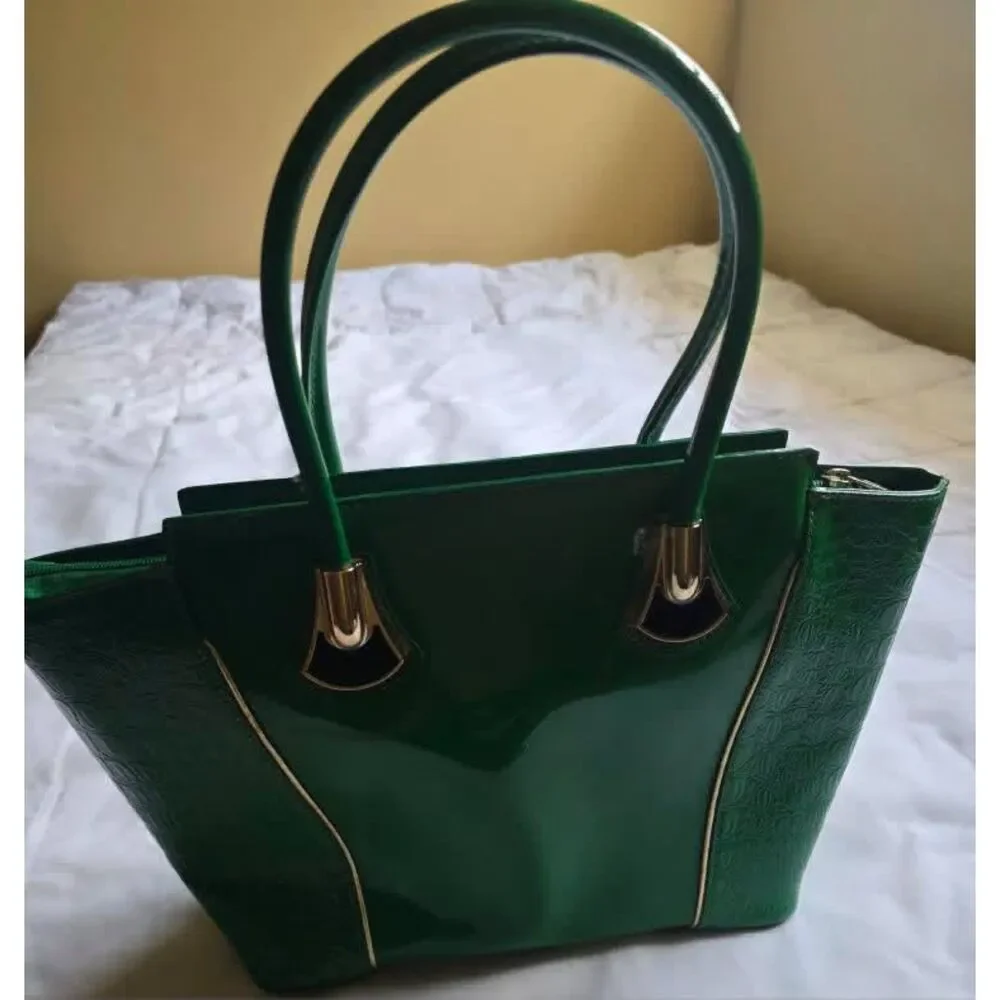 Emerald Green Patent Satchel Handbag Glossy Top Handle Bag Structured NWOT